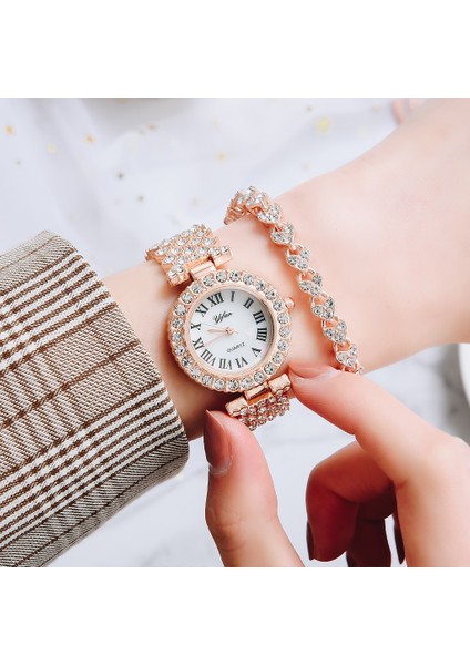 Gül Altın Set1 Lüks Kadın Gül Altın Izle Moda Bayanlar Kuvars Elmas Kol Saati Zarif Kadın Bilezik Saatler 2 Adet Set Reloj Mujer (Yurt Dışından)