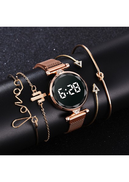 5 Adet Gümüş 5 Adet Set Bilezik Izle Kadınlar Lüks Dijital Mıknatıs Gül Altın Paslanmaz Çelik LED Kuvars Saatler Relogio Feminino Dropshipping (Yurt Dışından)