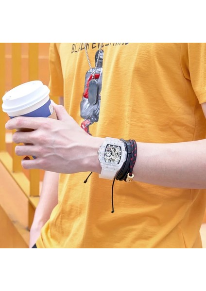 ON6811 Beyaz Kırmızı Faion Izle Erkekler ve Kadınlar Marka Onola Lüks Şeffaf Plastik Su Geçirmez Kuvars Silikon Erkek Saatler Relojes Para Hombre (Yurt Dışından)