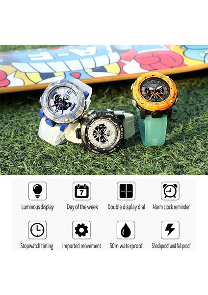 Hakı Spor Saatler Su Geçirmez Smael Erkek Saat Dijital LED Ekran Kuvars Analog Kronometre Moda Yeşil Turuncu Saat 8058 Erkek Izle (Yurt Dışından)