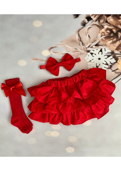 Kız Bebek Fırfırlı Şort Etek Bandana ve Fiyonklu Çorap Takım