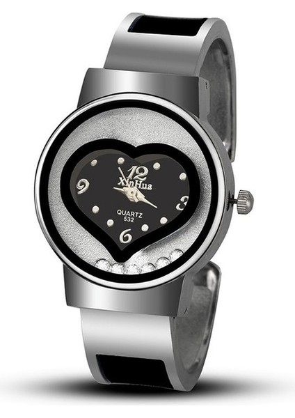 Siyah Uthaı CE80 Bayanlar Kalp Şeklinde Açık Bilezikli Saat Gündelik Sevimli Bayanlar Kuvars Saat (Yurt Dışından)