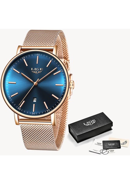 Gül Altın Mavi Lıge Erkek Saatler Üst Marka Lüks Su Geçirmez Ultra Ince Saat Mavi Örgü Kemer Moda Rahat Kuvars Izle Erkekler Spor Kol Saati (Yurt Dışından)