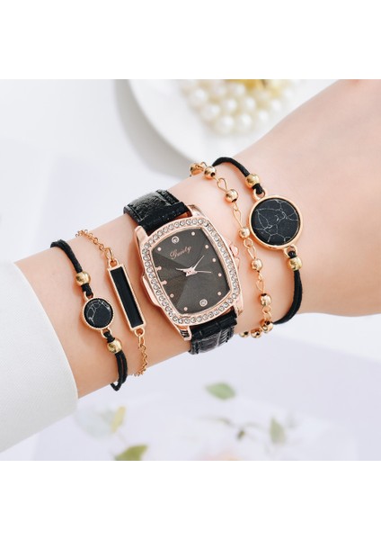 Altın Beyaz 5 Adet Gaiety Marka Lüks Moda Bilezik Saat Seti Kadın Deri Band Kuvars Kol Saati Saatler Bayanlar Siyah Saat Reloj Mujer (Yurt Dışından)