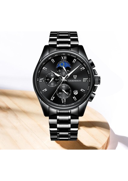 Tüm Siyah L Lıge Casual Quartz Saat Erkekler Paslanmaz Çelik Erkekler Ordu Militarybusiness Saat Erkek Su Geçirmez Saatler Relogio Masculino (Yurt Dışından)