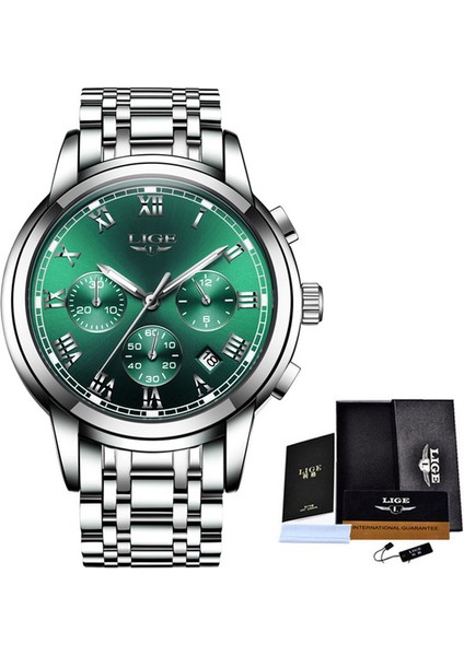 Gümüş Yeşil S Moda Erkekler Izle Lıge Orijinal Marka Izle Lüks Paslanmaz Çelik Erkekler Için Su Geçirmez Kol Saatleri Chronograph Kuvars Saat Hediye (Yurt Dışından)