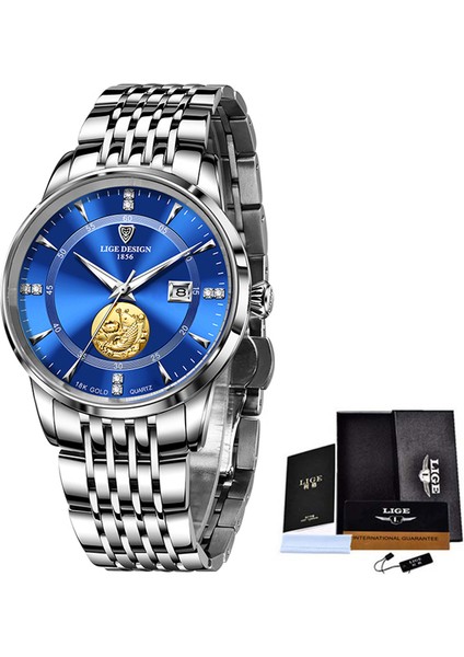 Çelik Mavi Lıge Moda Ultra Ince Erkek Saatler Takvim Paslanmaz Çelik Lüks Su Geçirmez Kuvars Kol Saati Erkekler Saat Relogio Masculino (Yurt Dışından)
