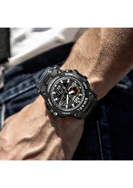 Armygreen Smael Erkekler Için Yeni Saatler Su Geçirmez Saat Alarmı Çift Ekran Spor Kol Saati Kuvars Dijital Askeri Erkek Kronometre 1545D (Yurt Dışından)