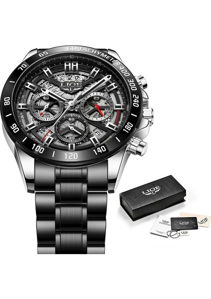 Gümüş Siyah Lıge 2021 Yeni Moda Erkek Saatler Paslanmaz Çelik Üst Marka Lüks Spor Chronograph Kuvars Izle Erkekler Relogio Masculino (Yurt Dışından)