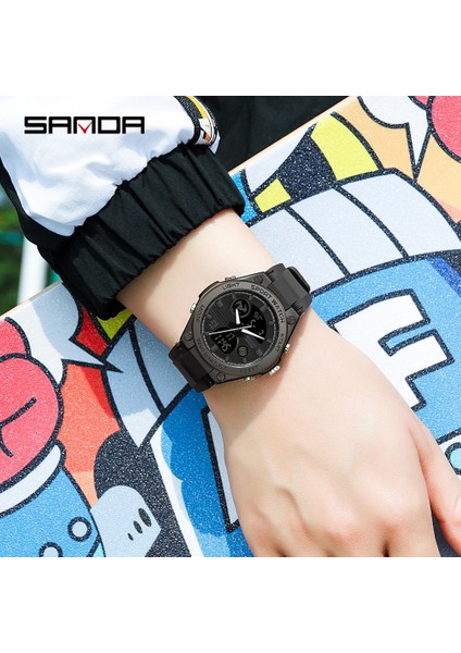 Siyah Gümüş Erkek Spor Saatler Adam Çift Analog Ekran Dijital Elektronik Saat Moda Kadın Kuvars Su Geçirmez Kol Saatleri Erkek Kız Saat (Yurt Dışından)