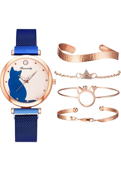 Mavi Set Dropshipping Bilezik Saat Seti Lüks Mıknatıs Toka Kedi Kadın Saatler Bayanlar Kuvars Kol Saati Kadın Saat Hediye Reloj Mujer (Yurt Dışından)