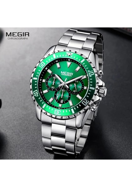 2064-BEYAZ Megır Erkek Kronograf Kuvars Saatler Paslanmaz Çelik Su Geçirmez Aydınlık Analog Adam Için 24 Saat Kol Saati Yeşil Kadran 2064G-9 (Yurt Dışından) fiyatları