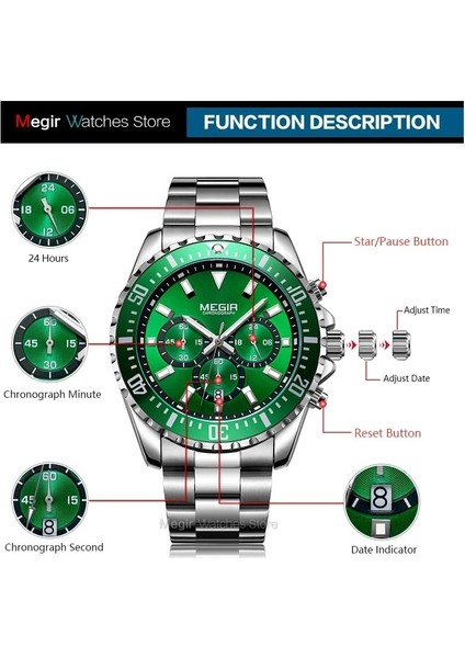 2064-BEYAZ Megır Erkek Kronograf Kuvars Saatler Paslanmaz Çelik Su Geçirmez Aydınlık Analog Adam Için 24 Saat Kol Saati Yeşil Kadran 2064G-9 (Yurt Dışından) fırsatları