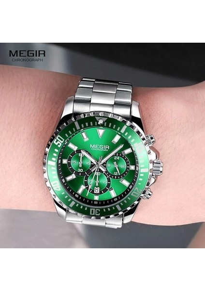 2064-BEYAZ Megır Erkek Kronograf Kuvars Saatler Paslanmaz Çelik Su Geçirmez Aydınlık Analog Adam Için 24 Saat Kol Saati Yeşil Kadran 2064G-9 (Yurt Dışından) indirimleri