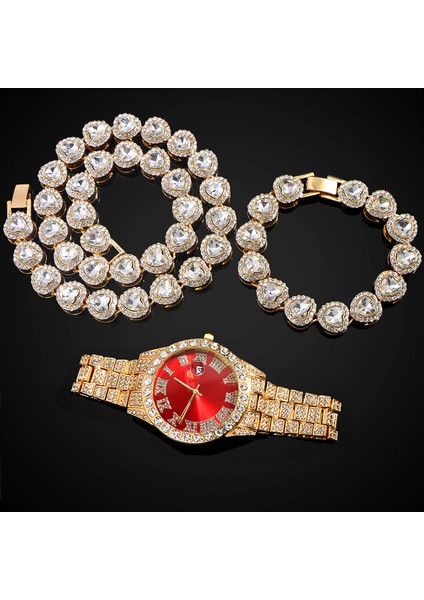 3 Parça Set Buzlu Out Izle Bilezik Kadınlar Için Hip Hop Erkekler Takı Kristal Kalp Tenis Küba Link Zinciri Bilezik Saat Seti Doğum Günü Hediyesi (Yurt Dışından)