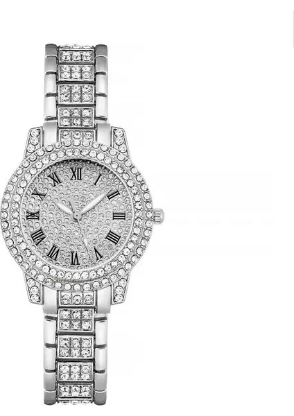 Gümüş Lüks Kadın Gypsophila Diamonds Roma Tasarım Altın Kuvars Saatler Moda Seti Paslanmaz Çelik Bilezik Saat Kayışı Hediyelik Saat (Yurt Dışından)