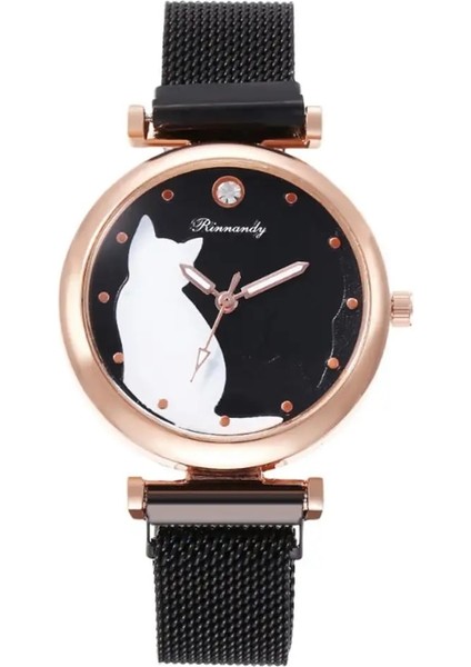 Gül Altın Lüks Siyah/kırmızı/turuncu Paslanmaz Çelik Hasır Kadın Elbise Saatler Kol Saati Kedi Bilezik Izle Kadın Yuvarlak Saat Kuvars Saatler (Yurt Dışından) fiyatları