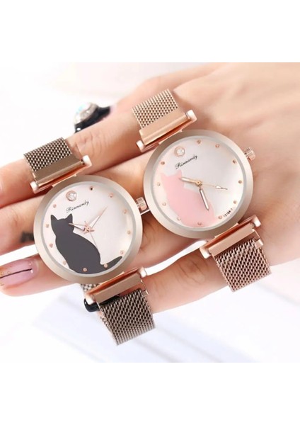 Gül Altın Lüks Siyah/kırmızı/turuncu Paslanmaz Çelik Hasır Kadın Elbise Saatler Kol Saati Kedi Bilezik Izle Kadın Yuvarlak Saat Kuvars Saatler (Yurt Dışından) modelleri