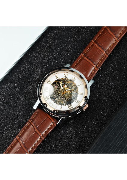 Rg-Whıte Klasik Retro Otomatik Izle Erkekler Için Mekanik Rahat Moda Deri Kayış Çift Saatleri Kutusu Hediye Часы Мужские Yeni (Yurt Dışından) fiyatları
