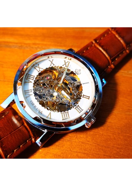 Rg-Whıte Klasik Retro Otomatik Izle Erkekler Için Mekanik Rahat Moda Deri Kayış Çift Saatleri Kutusu Hediye Часы Мужские Yeni (Yurt Dışından) modelleri