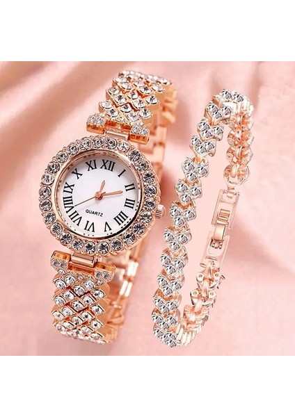 XR4741 Gül 2 Adet Lüks Kadın Gül Altın Izle Moda Bayanlar Kuvars Elmas Kol Saati Zarif Kadın Bilezik Saatler Seti Reloj Mujer (Yurt Dışından)