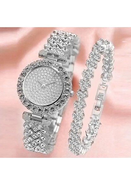XR4741 Gül 2 Adet Lüks Kadın Gül Altın Izle Moda Bayanlar Kuvars Elmas Kol Saati Zarif Kadın Bilezik Saatler Seti Reloj Mujer (Yurt Dışından)