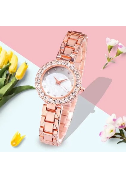 Gül Altın Kadın Bilezik Saatler Çelik Kemer Taklidi Kuvars Kol Saati Kadınlar Için Lüks Moda Seti Izle Kristal Elbise Saatler (Yurt Dışından)