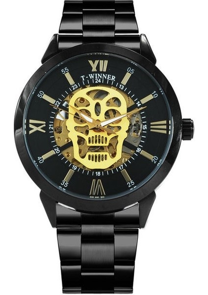 Sıyah Altın Kazanan Askeri Otomatik Mekanik Izle Erkekler Için Lüks Kafatası Adam Kol Saatleri Paslanmaz Çelik Kayış Reloj Hombre (Yurt Dışından)