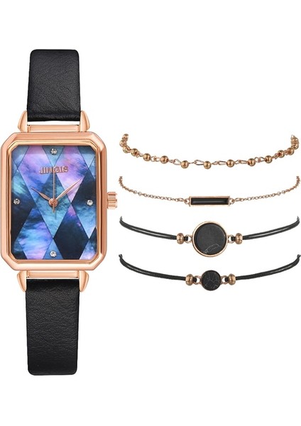 5 Adet Set Mavi 5 Adet Set Saatler Kadın Moda Kare Yeşil Kadran Deri Bayan Bilezik Saatler Set Kuvars Kol Saati Siyah Saat Dropshipping (Yurt Dışından)