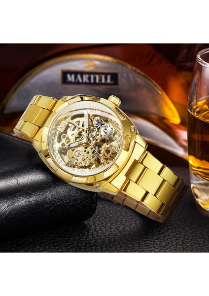 Bo-Golden Şeffaf Izle Erkekler Için Mekanik Otomatik Erkek Saatler Üst Marka Lüks Tasarım Moda Gravür Relogio Masculino (Yurt Dışından)