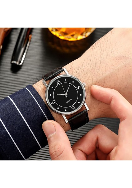 Siyah Siyah Modern Moda Siyah Kuvars Erkek Saatler Gelgit Marka Deri Kayış Büyük Arama Erkek Lüks Rahat Iş Saati Relojes Hombre (Yurt Dışından)