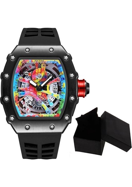 QT336-1 Kutusu ile Modern Tasarım Erkekler Izle Spor Aydınlık Su Geçirmez Askeri Otomatik Elmas Izle Adam Erkekler Için Silikon Kayış Tonneau Dial (Yurt Dışından)