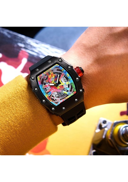 QT336-1 Kutusu ile Modern Tasarım Erkekler Izle Spor Aydınlık Su Geçirmez Askeri Otomatik Elmas Izle Adam Erkekler Için Silikon Kayış Tonneau Dial (Yurt Dışından)