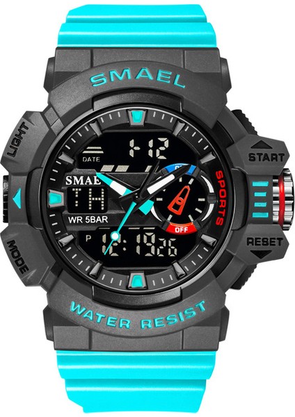 Göl Mavisi Smael Erkekler Spor Izle Çift Ekran Fonksiyonu Askeri Saatler Erkekler Su Geçirmez 5bar Kauçuk Alarm Dijital Bilezik Kol Saatleri 8043 (Yurt Dışından)