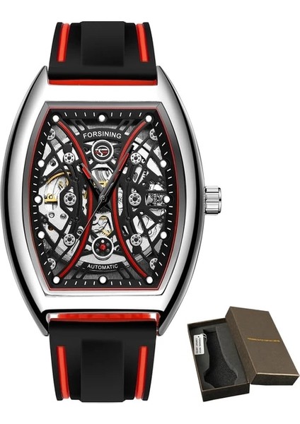 Gümüş Kırmızı Kutu Forsining Erkekler Iş Silikon Kayış Kendinden Kurmalı Mekanik Kol Saati Dikdörtgen Rahat Erkek Otomatik Saatler Reloj (Yurt Dışından)