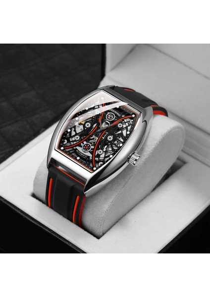Gümüş Kırmızı Kutu Forsining Erkekler Iş Silikon Kayış Kendinden Kurmalı Mekanik Kol Saati Dikdörtgen Rahat Erkek Otomatik Saatler Reloj (Yurt Dışından)