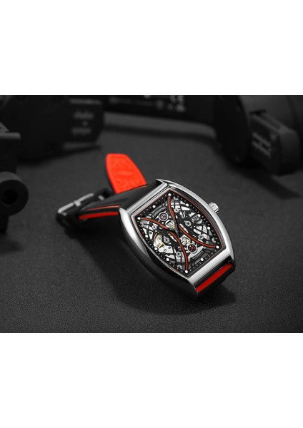 Gümüş Kırmızı Kutu Forsining Erkekler Iş Silikon Kayış Kendinden Kurmalı Mekanik Kol Saati Dikdörtgen Rahat Erkek Otomatik Saatler Reloj (Yurt Dışından)