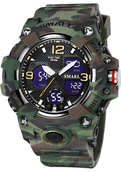 Camo Yeşil Spor Izle Erkekler Için Askeri Saat Çalar Saat Kronometre LED Dijital Arka Işık Çift Zamanlı Ekran 8008 Erkek Saatleri Su Geçirmez (Yurt Dışından)