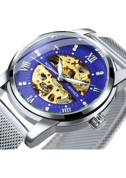 Gümüş-Mavi Kazanan Deluxe Saat Erkekler Için Mekanik Elmas Tasarım Kadran Aydınlık Eller Gümüş Örgü Paslanmaz Çelik Kayış Saat Erkek (Yurt Dışından)