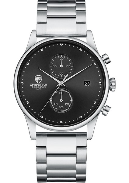 Gümüş Siyah Yeni Cheetah Marka Erkek Saatler Chronograph Quartz Saat Erkekler Paslanmaz Çelik Su Geçirmez Spor Saat Saatler Iş Reloj Hombre (Yurt Dışından)