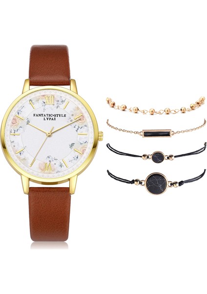 Kahverengi 5 Adet Set Lvpai Marka 5 Adet Moda Yeni Bilezik Saat Seti Kadın Bayanlar Kol Saati Çiçek Saatler Bayanlar Relogio Feminino Reloj Mujer (Yurt Dışından)
