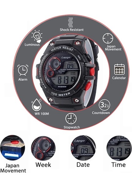 Kırmızı Moda Dijital Saat Erkekler Su Geçirmez Kronometre Büyük Arama Spor Kol Saatleri Erkek Elektronik Bilek Saati Çok Fonksiyonlu Yüzmek (Yurt Dışından) indirimleri