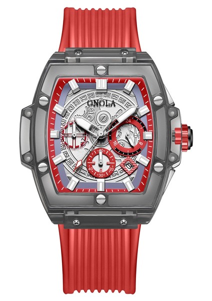 ON6811 Kırmızı Siyah Kırmızı Faion Izle Erkekler ve Kadınlar Marka Onola Lüks Şeffaf Plastik Su Geçirmez Kuvars Silikon Erkek Saatler Relojes Para Hombre (Yurt Dışından)
