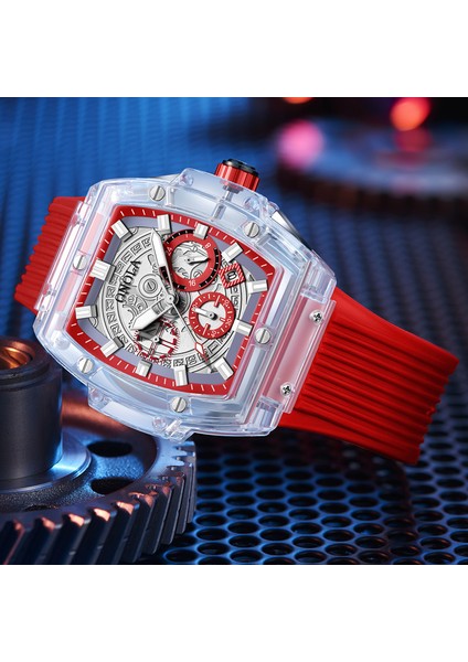 ON6811 Kırmızı Siyah Kırmızı Faion Izle Erkekler ve Kadınlar Marka Onola Lüks Şeffaf Plastik Su Geçirmez Kuvars Silikon Erkek Saatler Relojes Para Hombre (Yurt Dışından)