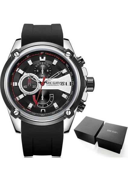 2086G-GÜMÜŞ Siyah Megır Silikon Kayış Spor Saatleri Adam Için Chronograph Su Geçirmez Relogios Masculino Adamın Kol Saati Saat 2086 Gümüş Siyah (Yurt Dışından)