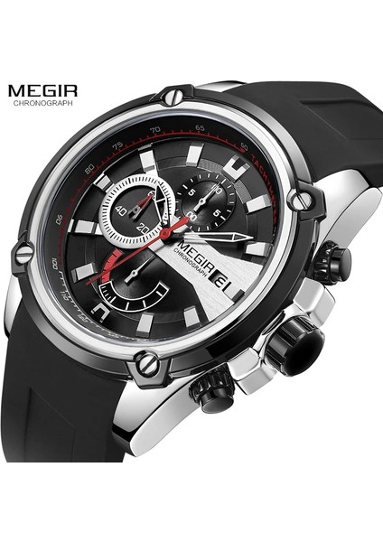 2086G-GÜMÜŞ Siyah Megır Silikon Kayış Spor Saatleri Adam Için Chronograph Su Geçirmez Relogios Masculino Adamın Kol Saati Saat 2086 Gümüş Siyah (Yurt Dışından) fiyatları