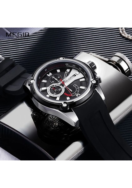 2086G-GÜMÜŞ Siyah Megır Silikon Kayış Spor Saatleri Adam Için Chronograph Su Geçirmez Relogios Masculino Adamın Kol Saati Saat 2086 Gümüş Siyah (Yurt Dışından) fırsatları