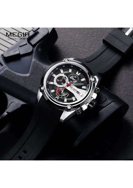 2086G-GÜMÜŞ Siyah Megır Silikon Kayış Spor Saatleri Adam Için Chronograph Su Geçirmez Relogios Masculino Adamın Kol Saati Saat 2086 Gümüş Siyah (Yurt Dışından) indirimleri