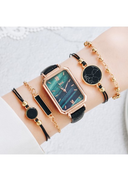 5 Adet Set Yeşil 5 Adet Set Saatler Kadın Moda Kare Yeşil Kadran Deri Bayan Bilezik Saatler Set Kuvars Kol Saati Siyah Saat Dropshipping (Yurt Dışından)