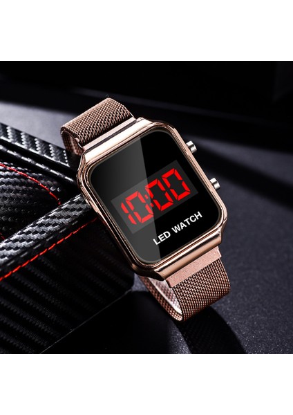 Siyah Moda Dikdörtgen Saatler Erkekler LED Dijital Saatler Erkekler Lüks Gül Altın Manyetik Örgü Band Elektronik Kol Saatleri Reloj Hombre (Yurt Dışından)